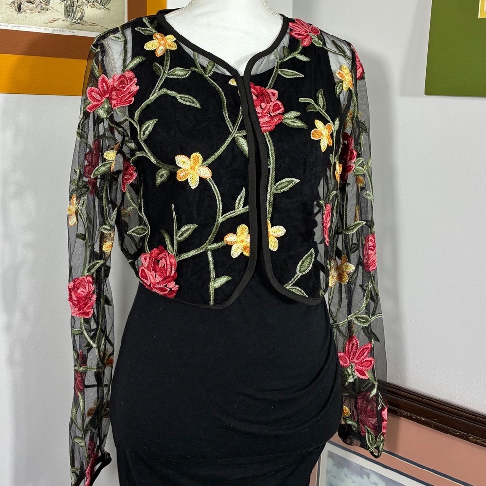 Floral Embroidered Bolero Black Sheer Mesh Jacket Womens M Long Sleeve Rose